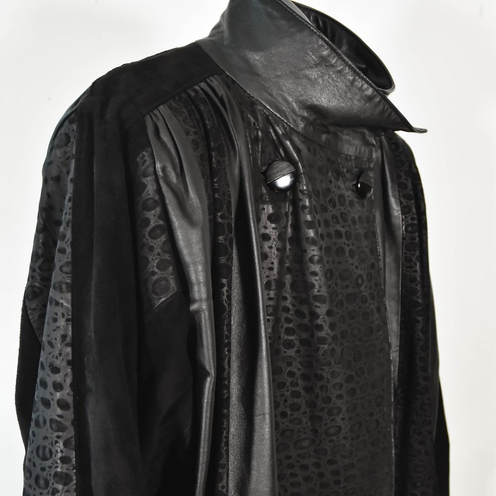 Vintage 80s Black Leather and Suede Trench Coat - Picture 9 of 11